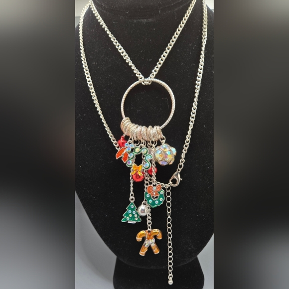 Christmas Charm Necklace Silver Tone Enamel Objects Crystals Tiny Ornaments 🎄 - Picture 1 of 1